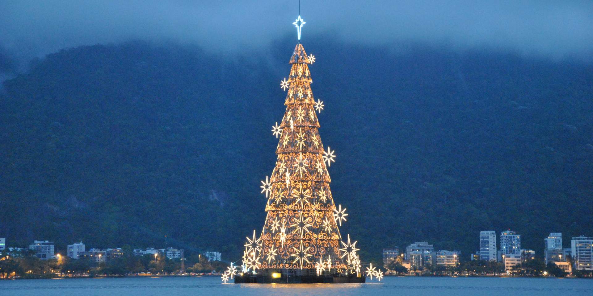 Floating Christmas tree on Lagoa Rodrigo de Freitas, a symbol of Christmas in Brazil